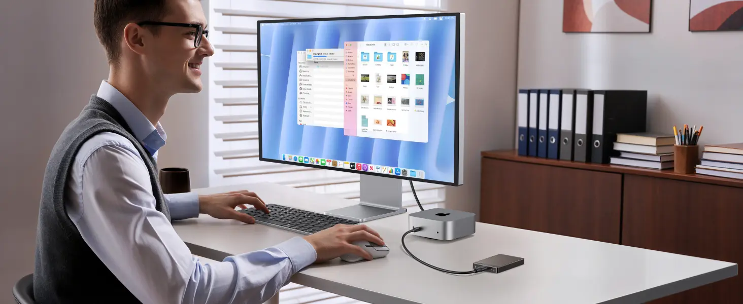 Configuration de bureau professionnelle montrant le SSD externe UGREEN 1TB relié à un Mac mini d'Apple et un grand écran pour le transfert et la gestion de fichiers volumineux.