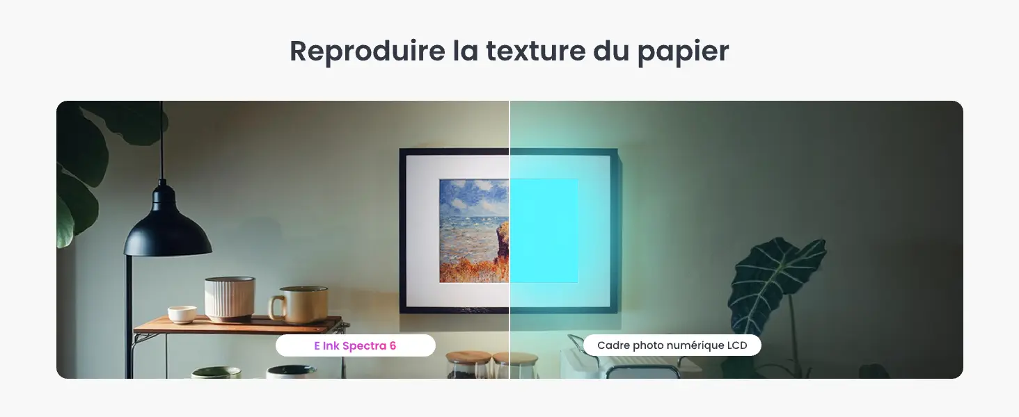 Comparatif de rendu d'écran : la technologie E Ink Spectra 6 reproduit fidèlement la texture authentique du papier face aux reflets bleutés d'un cadre photo numérique LCD classique.