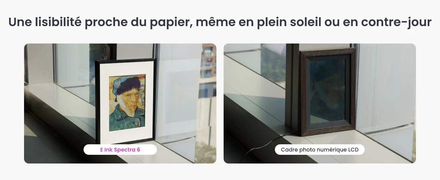 Excellente lisibilité proche du papier en plein soleil ou à contre-jour : l'écran E Ink Spectra 6 reste parfaitement net et visible là où un cadre photo numérique LCD souffre d'un miroitement total.