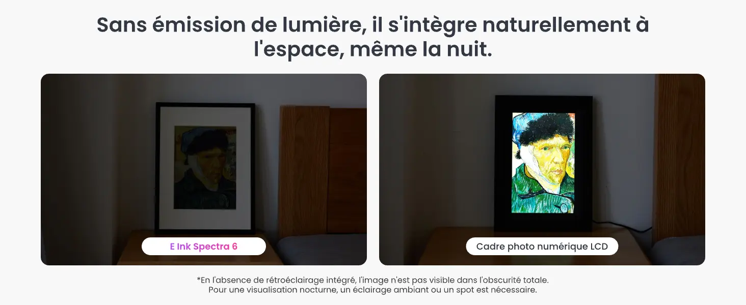 Intégration naturelle dans l'espace même la nuit : sans émission de lumière agressive, le cadre photo E-Ink préserve l'ambiance de la chambre contrairement au rétroéclairage éblouissant d'un écran LCD.