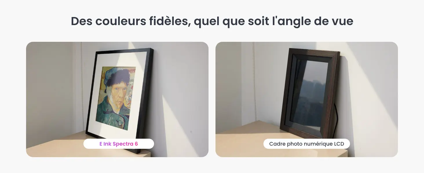 Des couleurs riches et fidèles quel que soit l'angle de vue : le traitement mat anti-reflets du cadre d'art SwitchBot offre une visibilité latérale parfaite sans aucune perte de contraste.