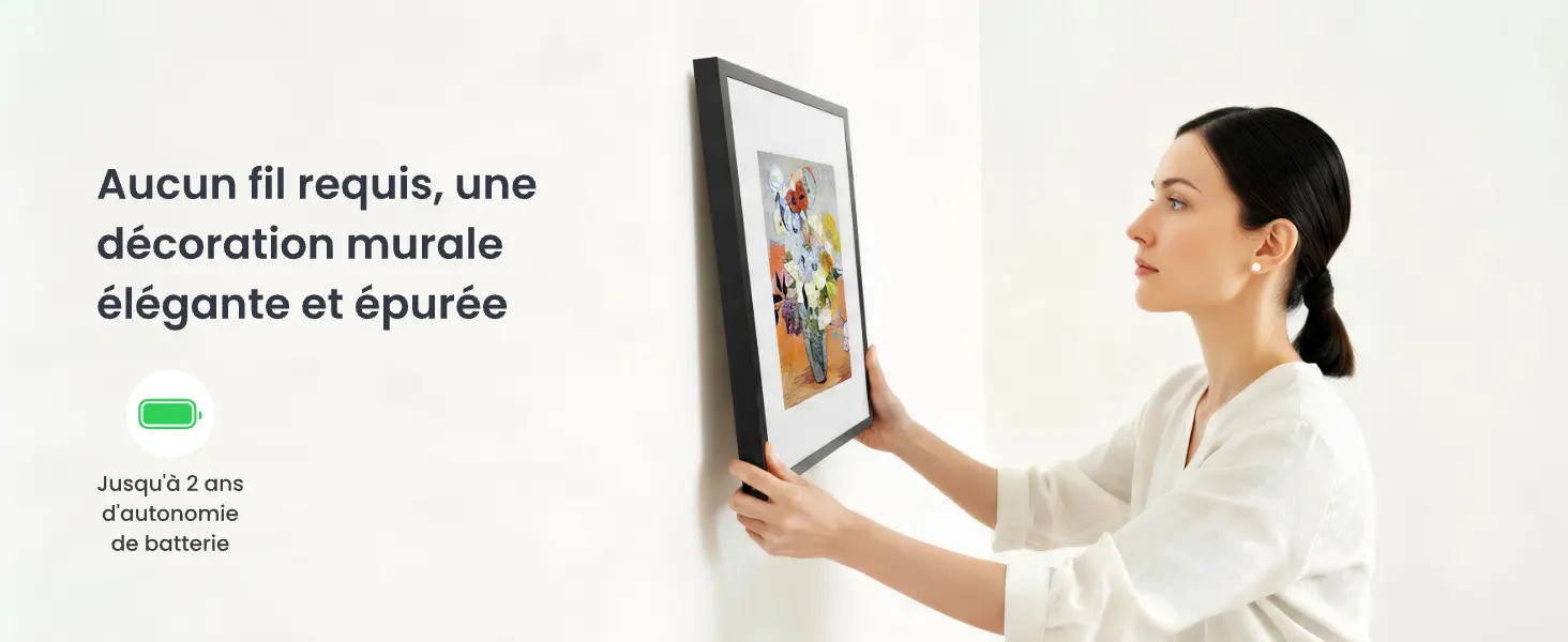 Installation murale sans fil du cadre d'art numérique SwitchBot 13,3 pouces : décoration épurée et élégante offrant jusqu'à 2 ans d'autonomie de batterie.