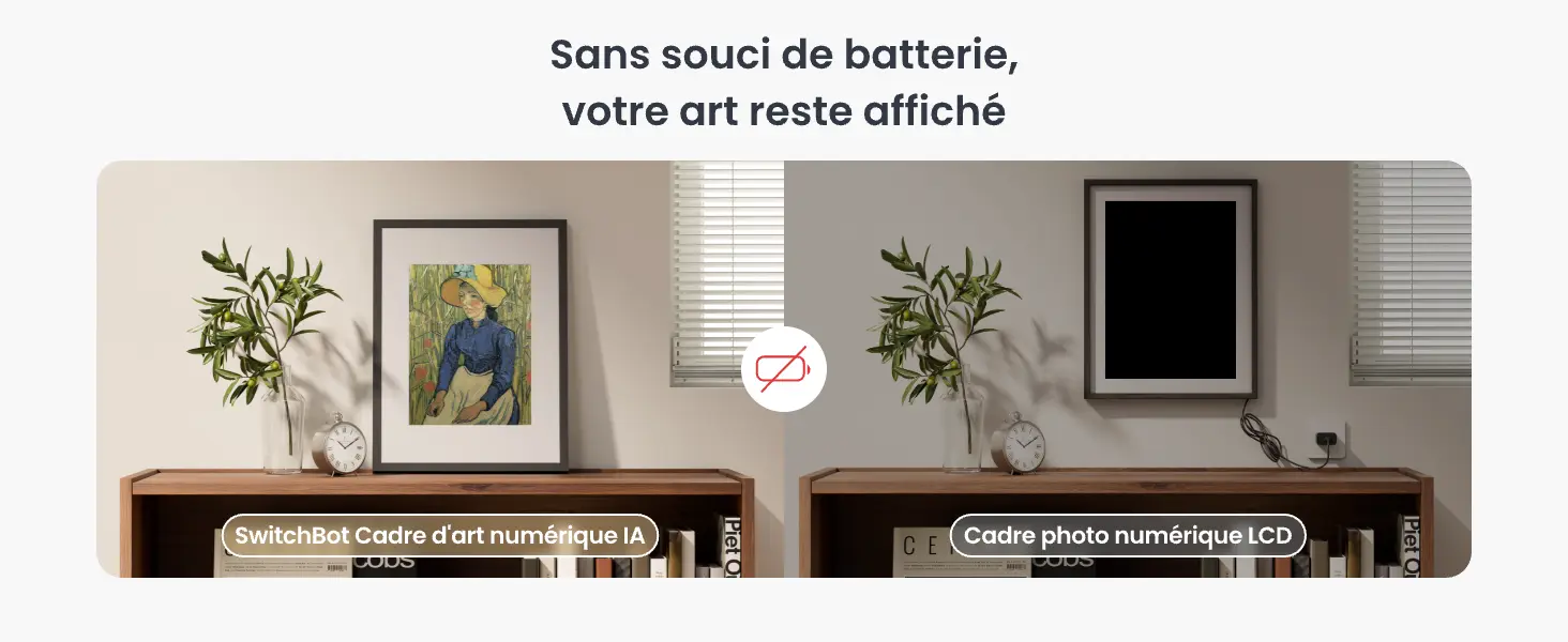 Comparatif d'affichage sur batterie : le cadre d'art numérique IA SwitchBot reste parfaitement allumé sans fil tandis qu'un cadre photo LCD classique nécessite un branchement permanent au secteur.