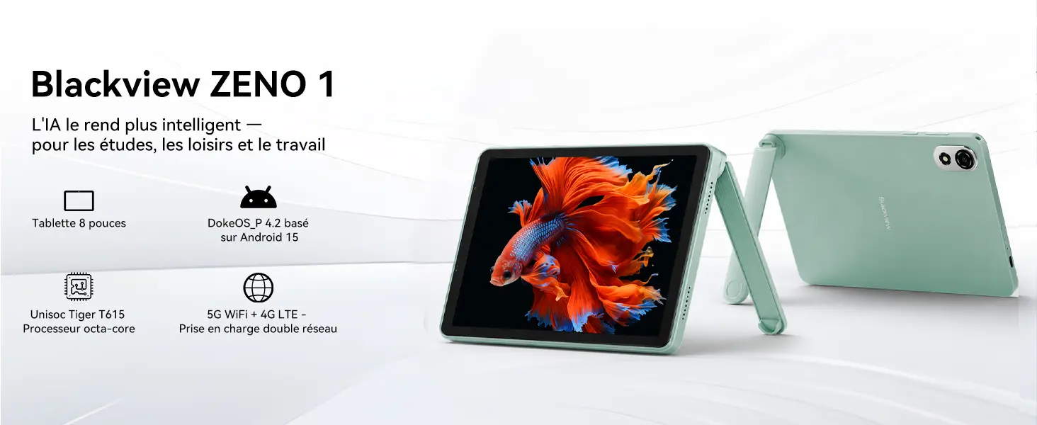 Bannière publicitaire mini tablette tactile 4G Blackview Zeno 1 couleur vert jungle mettant en avant son écran de 8 pouces, son processeur octa-core Unisoc Tiger T615, son interface DokeOS_P 4.2 basée sur Android 15, sa connectivité double réseau WiFi 5G et 4G LTE, ainsi que son support amovible intégré