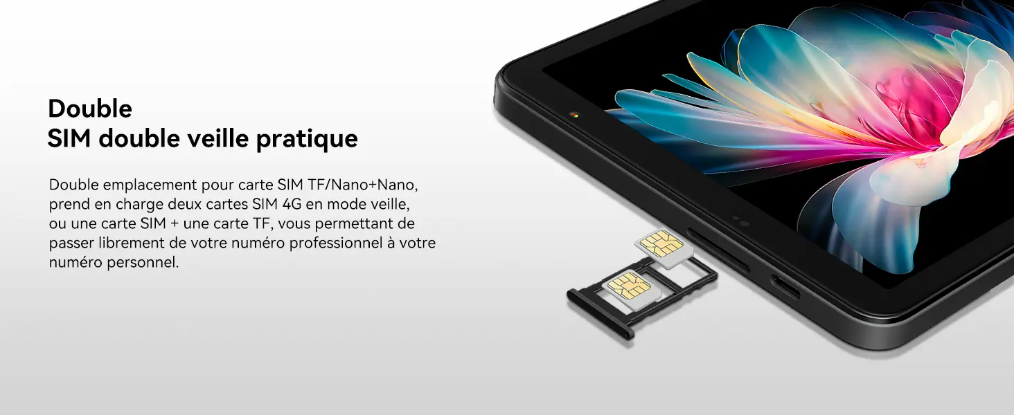 Double emplacement pour carte SIM pratique sur la tablette Blackview Zeno 1. Supporte deux cartes SIM 4G LTE en mode double veille (Nano + Nano) ou une combinaison carte SIM et carte mémoire TF pour séparer vie professionnelle et vie personnelle.