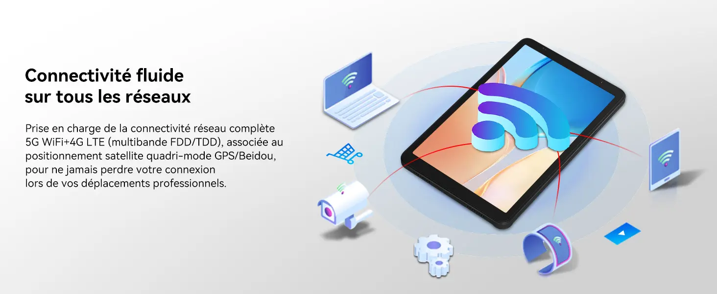 Connectivité réseau fluide et complète sur la tablette Blackview Zeno 1 avec le support du Wi-Fi 5G et de la 4G LTE multibande FDD/TDD, associée à un positionnement satellite quadri-mode GPS et Beidou pour les déplacements professionnels.