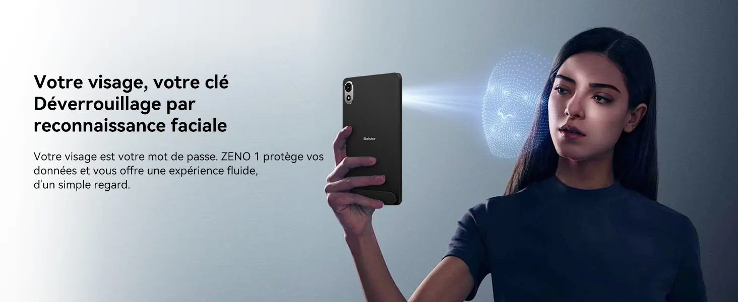 Système de déverrouillage par reconnaissance faciale sécurisé sur la tablette Blackview Zeno 1. Votre visage est votre mot de passe pour protéger efficacement vos données et accéder à votre tablette d'un simple regard.