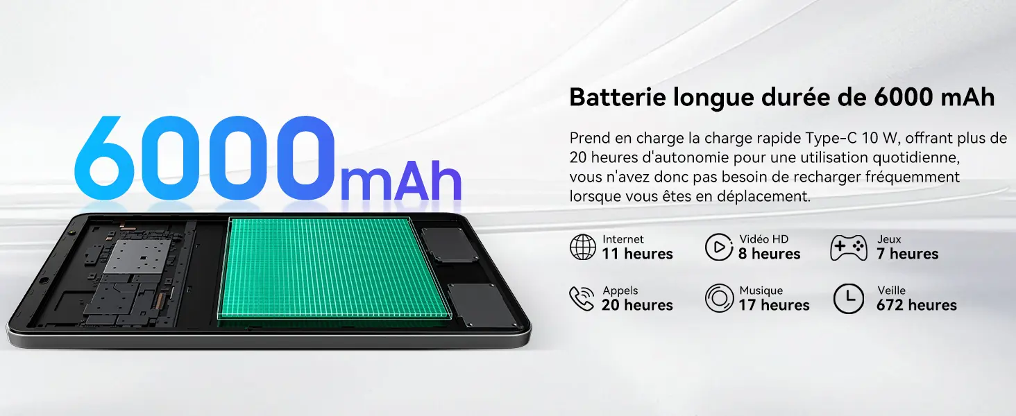 Batterie longue durée de 6000 mAh de la tablette Blackview Zeno 1 avec charge rapide Type-C 10W. Offre une autonomie de plus de 20 heures d'appels, 11 heures d'Internet, 8 heures de vidéo HD, 7 heures de jeux, 17 heures de musique ou 672 heures en veille pour vos déplacements.