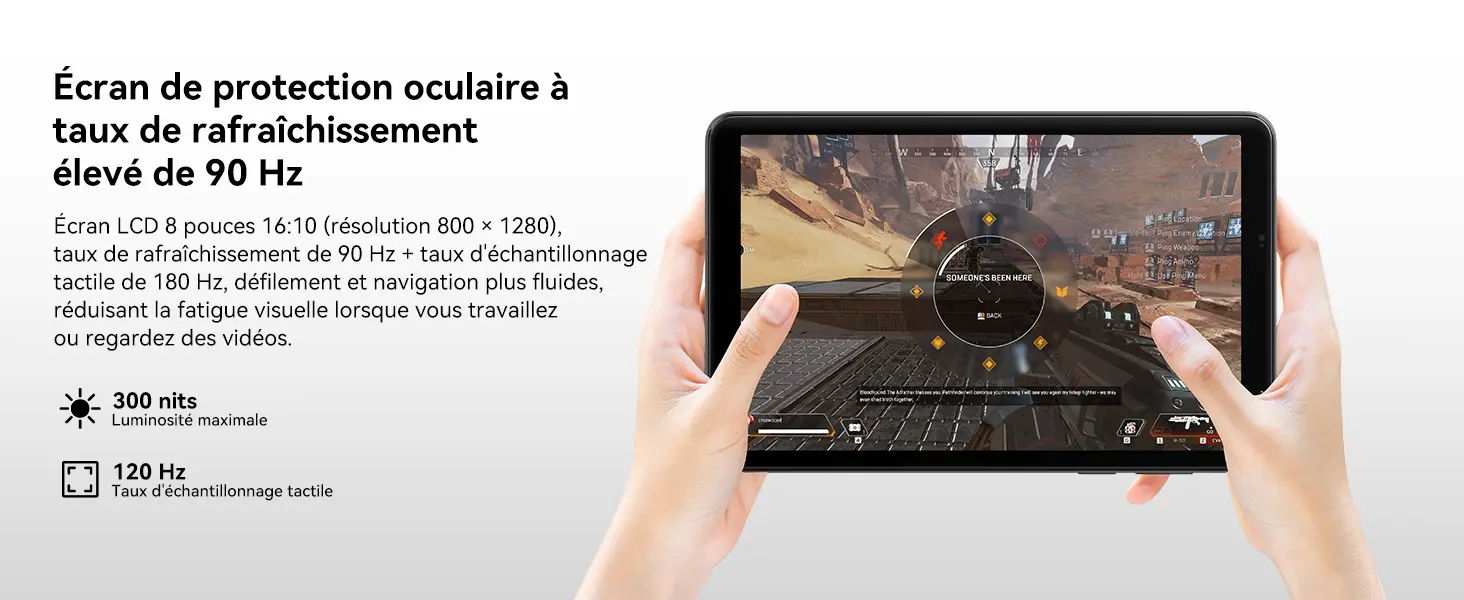 Écran de protection oculaire de la tablette Blackview Zeno 1 : dalle LCD de 8 pouces au format 16:10 avec une résolution de 800 x 1280 pixels, un taux de rafraîchissement élevé de 90 Hz, un taux d'échantillonnage tactile de 120 Hz et une luminosité maximale de 300 nits pour un défilement ultra fluide.