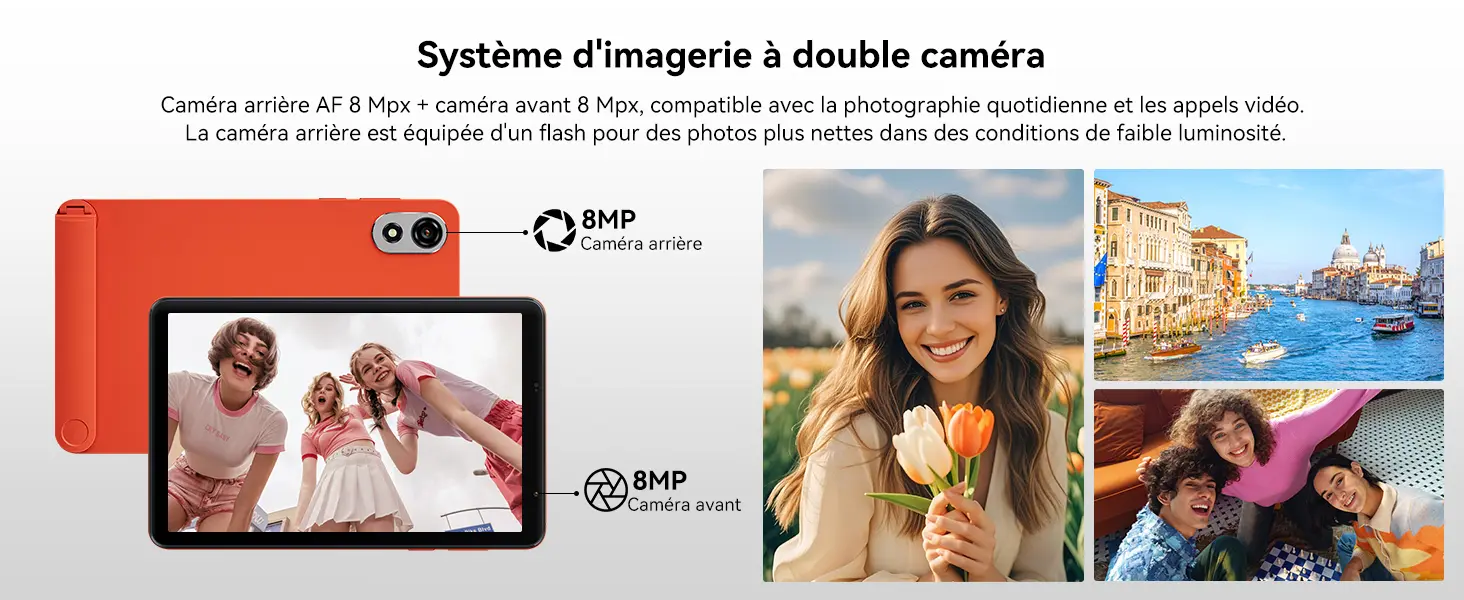 Système d'imagerie à double caméra de la tablette Blackview Zeno 1 : caméra arrière AF 8 Mpx avec flash pour des clichés nets en faible luminosité et caméra avant de 8 Mpx idéale pour la photographie quotidienne et les appels vidéo.