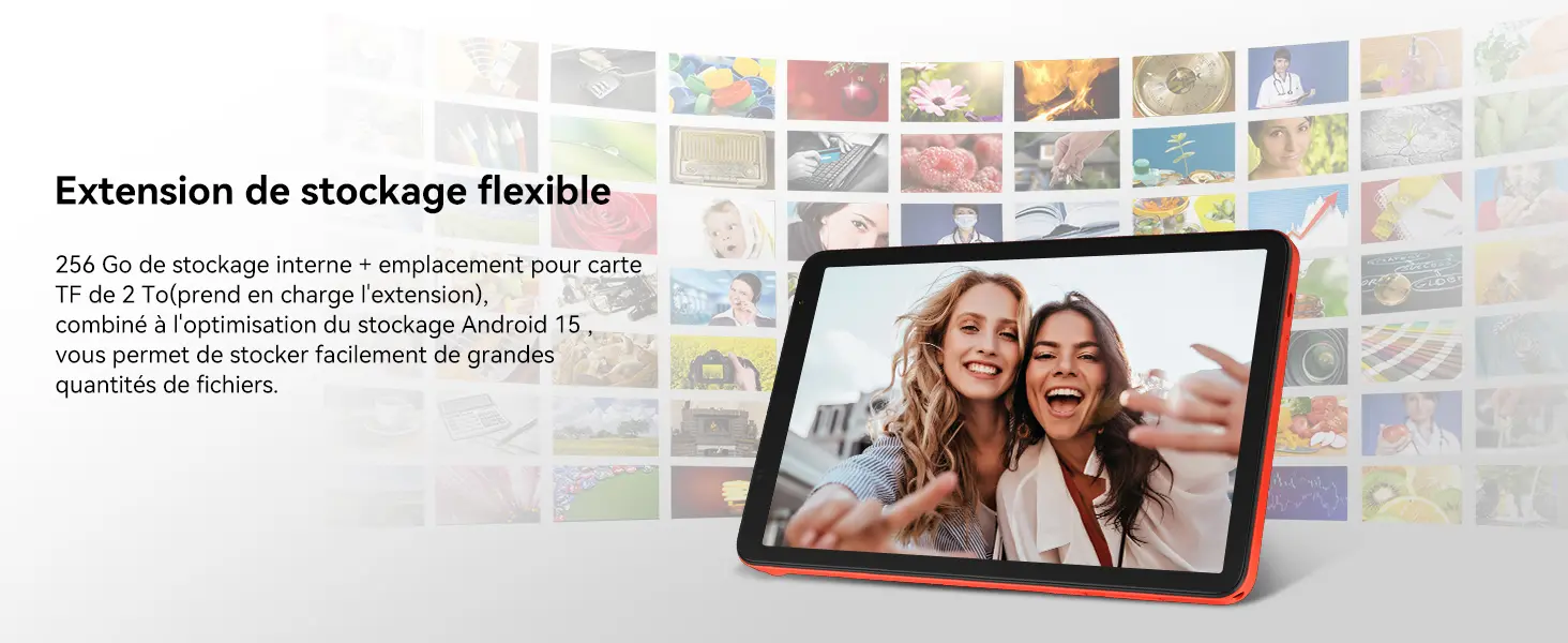 Extension de stockage flexible sur la tablette Blackview Zeno 1 : dispose de 256 Go de stockage interne extensibles jusqu'à 2 To via l'emplacement pour carte TF, optimisé avec le système d'exploitation Android 15 pour sauvegarder facilement de grandes quantités de fichiers.