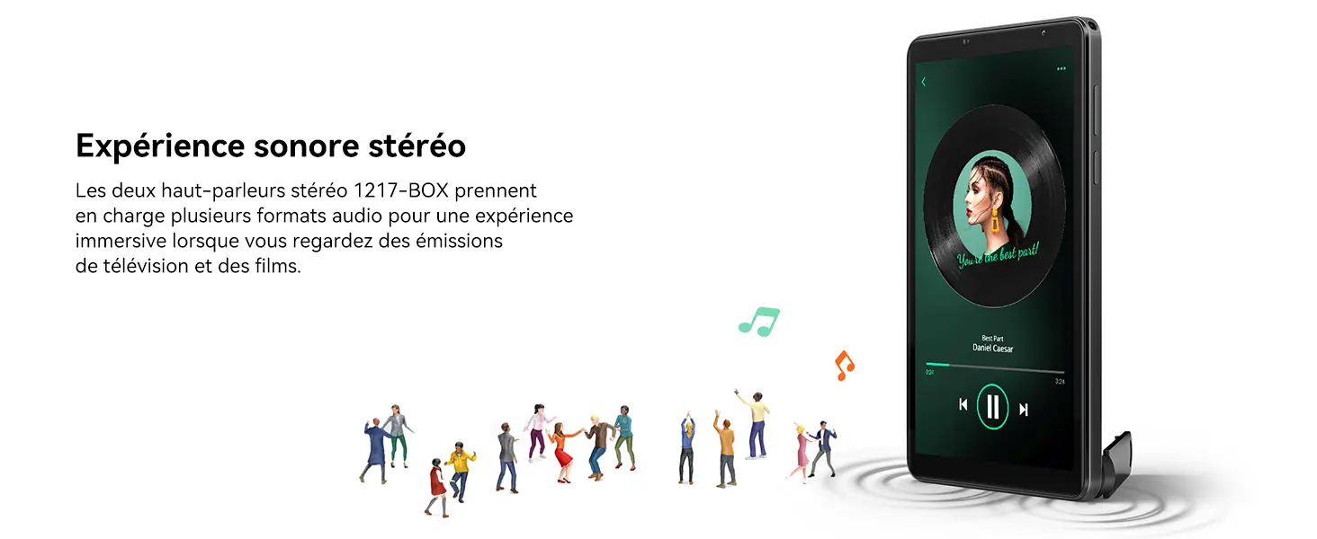 Expérience sonore stéréo immersive avec la tablette Blackview Zeno 1 : équipée de deux haut-parleurs stéréo 1217-BOX prenant en charge de multiples formats audio pour un rendu sonore enveloppant et de haute qualité lors du visionnage de vos films et émissions.
