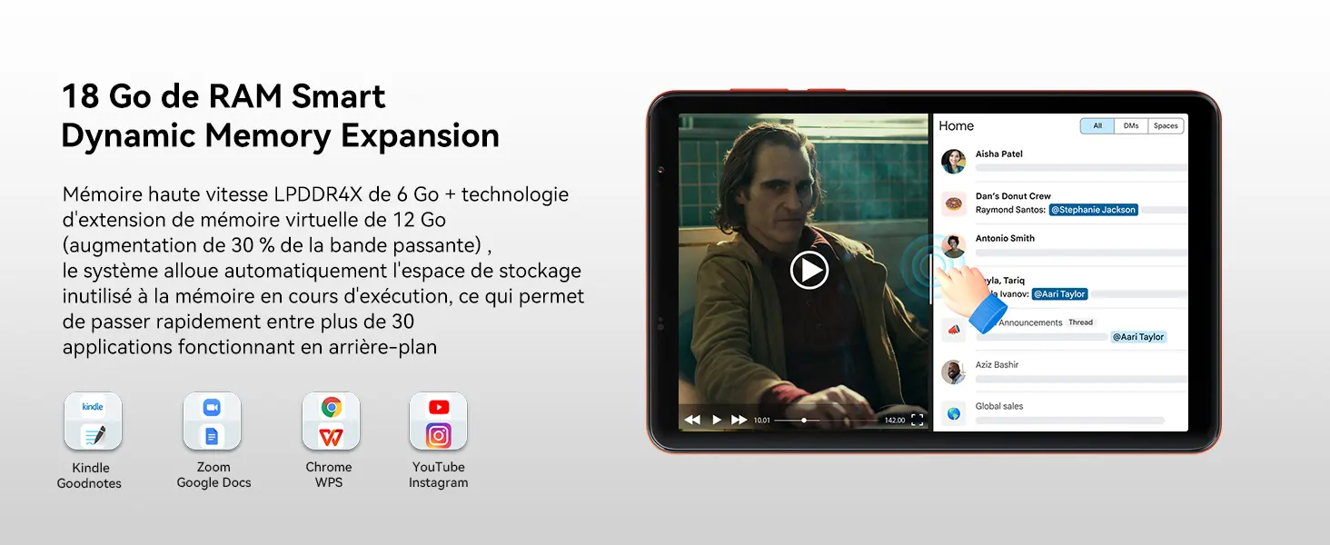 Mémoire vive exceptionnelle jusqu'à 18 Go de RAM Smart Dynamic Memory Expansion sur la tablette Blackview Zeno 1 : mémoire haute vitesse LPDDR4X de 6 Go combinée à une extension virtuelle de 12 Go permettant de basculer rapidement entre plus de 30 applications en arrière-plan.