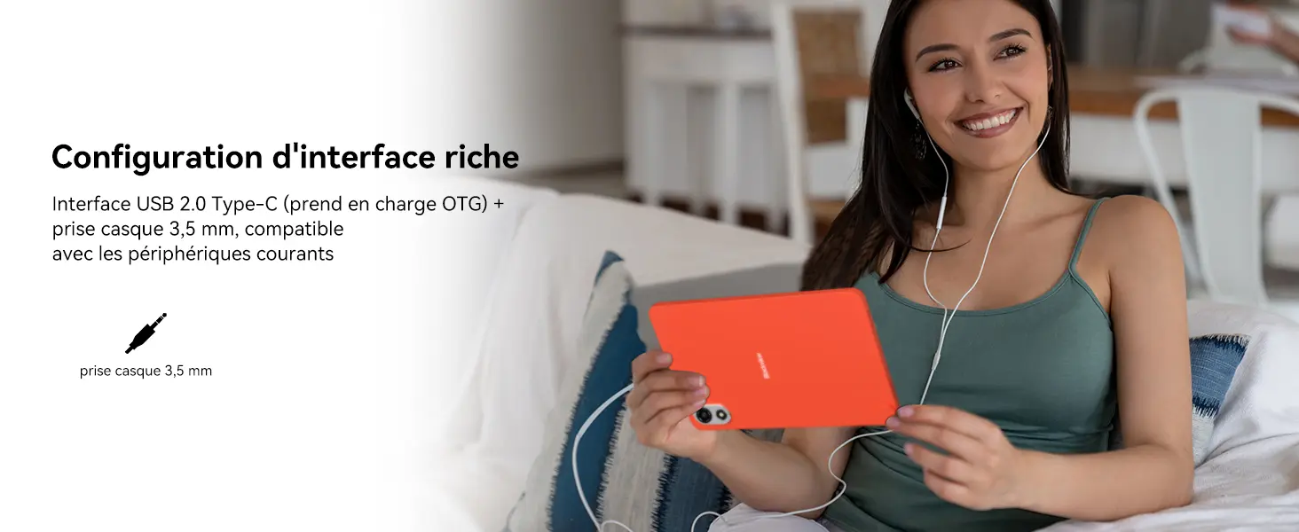 Configuration d'interface riche pour la tablette Blackview Zeno 1 : intègre un port USB 2.0 Type-C avec prise en charge OTG pour vos périphériques ainsi qu'une prise casque audio jack 3,5 mm pour une compatibilité maximale avec vos écouteurs courants.