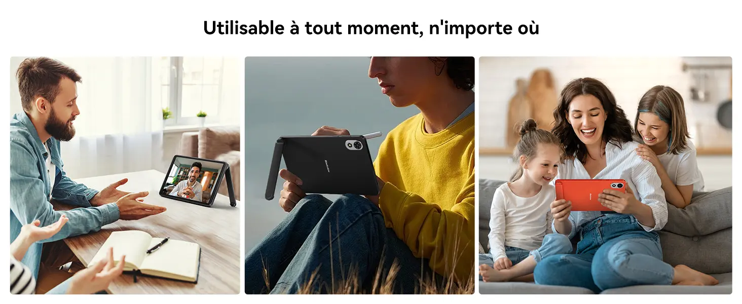 Tablette tactile Blackview Zeno 1 utilisable à tout moment et n'importe où : idéale pour les réunions et appels vidéo professionnels, la prise de note créative avec stylet en extérieur ou le partage de contenus multimédias en famille sur le canapé.