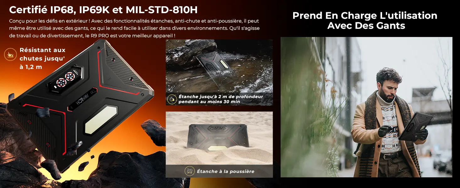 HOTWAV R9 Pro – Certifié IP68, IP69K et MIL-STD-810H, résistance aux chutes de 1,2 m, étanche jusqu'à 2 m et compatible mode gants