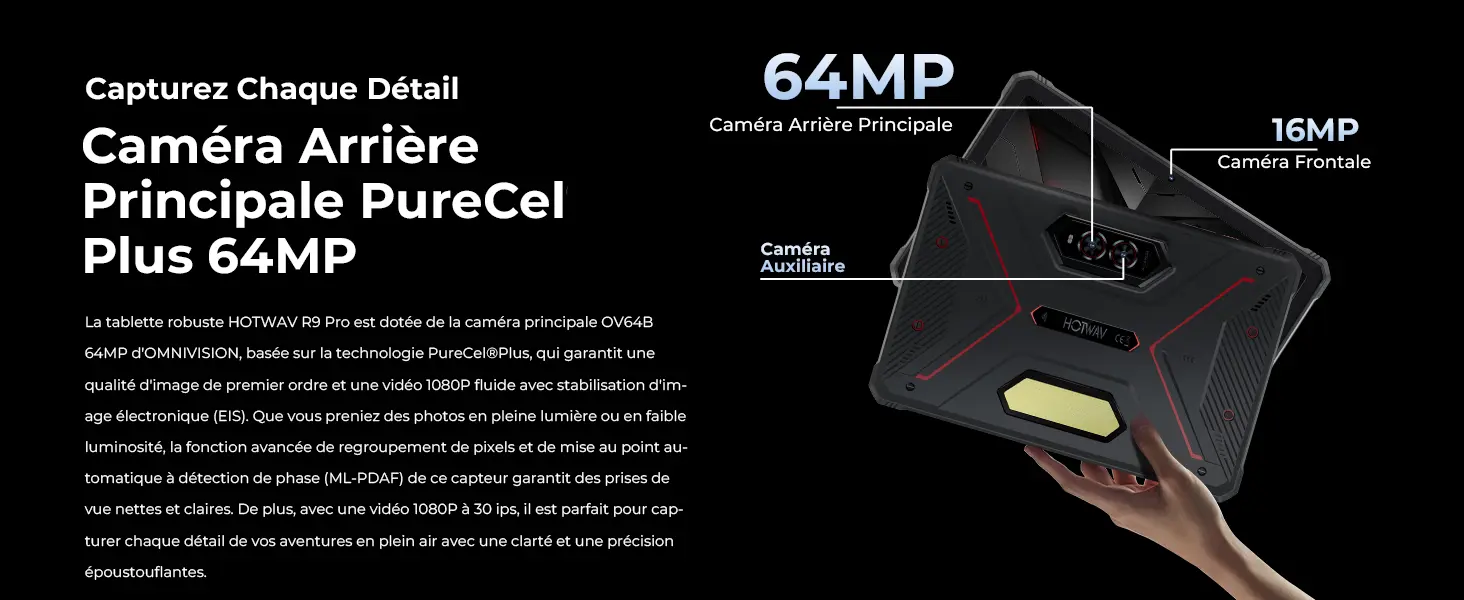 HOTWAV R9 Pro – Caméra arrière principale PureCel Plus 64 MP, capteur OV64B, stabilisation EIS et caméra frontale 16 MP