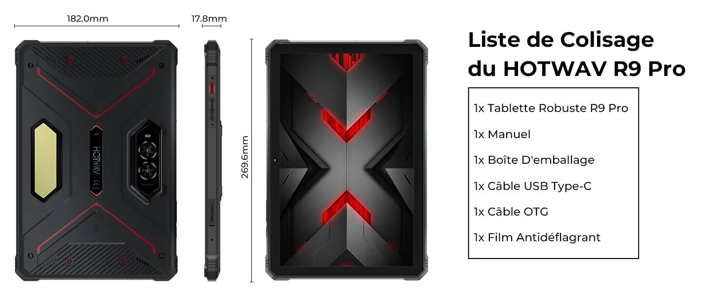 Tablette HOTWAV R9 Pro – Dimensions (269.6 x 182.0 x 17.8 mm) et contenu du coffret de colisage (tablette, câble USB-C, câble OTG, film antidéflagrant, manuel)