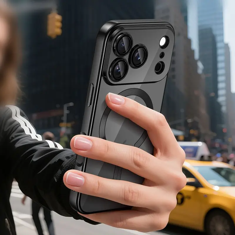 Coque Tech-Protect MagFlex noire élégante et fine pour iPhone 17 Pro en main