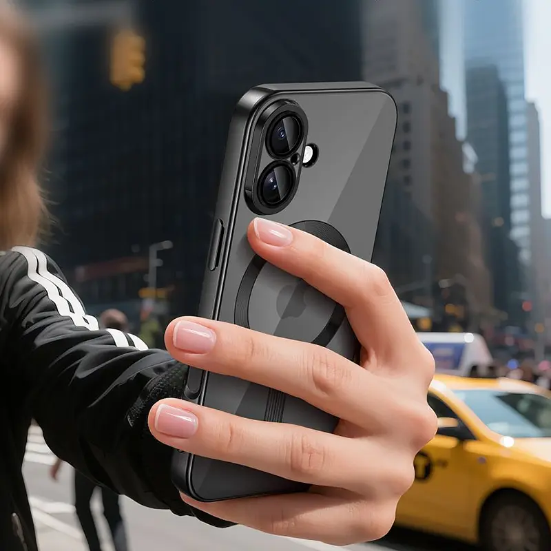 Coque Tech-Protect MagFlex noire élégante et fine pour iPhone 17 en main
