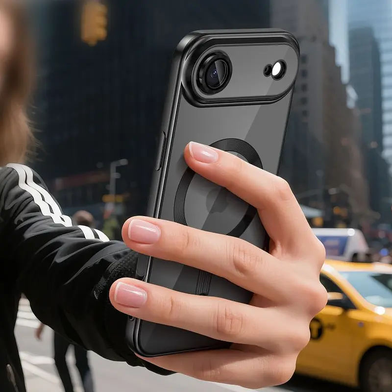 Coque Tech-Protect MagFlex noire élégante et fine pour iPhone 17 en main