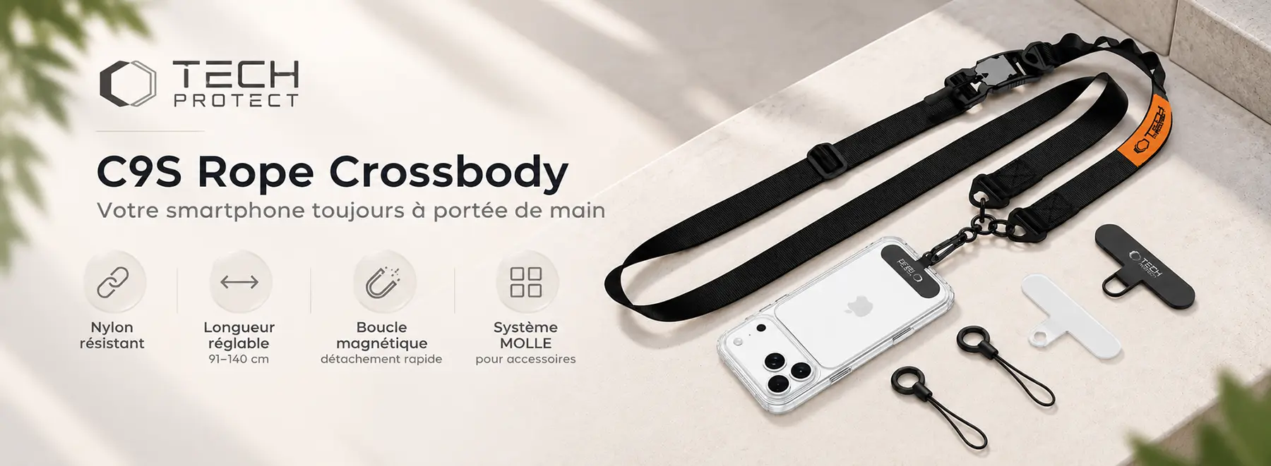 TECH-PROTECT C9S Rope Crossbody noire, bandoulière réglable pour smartphone