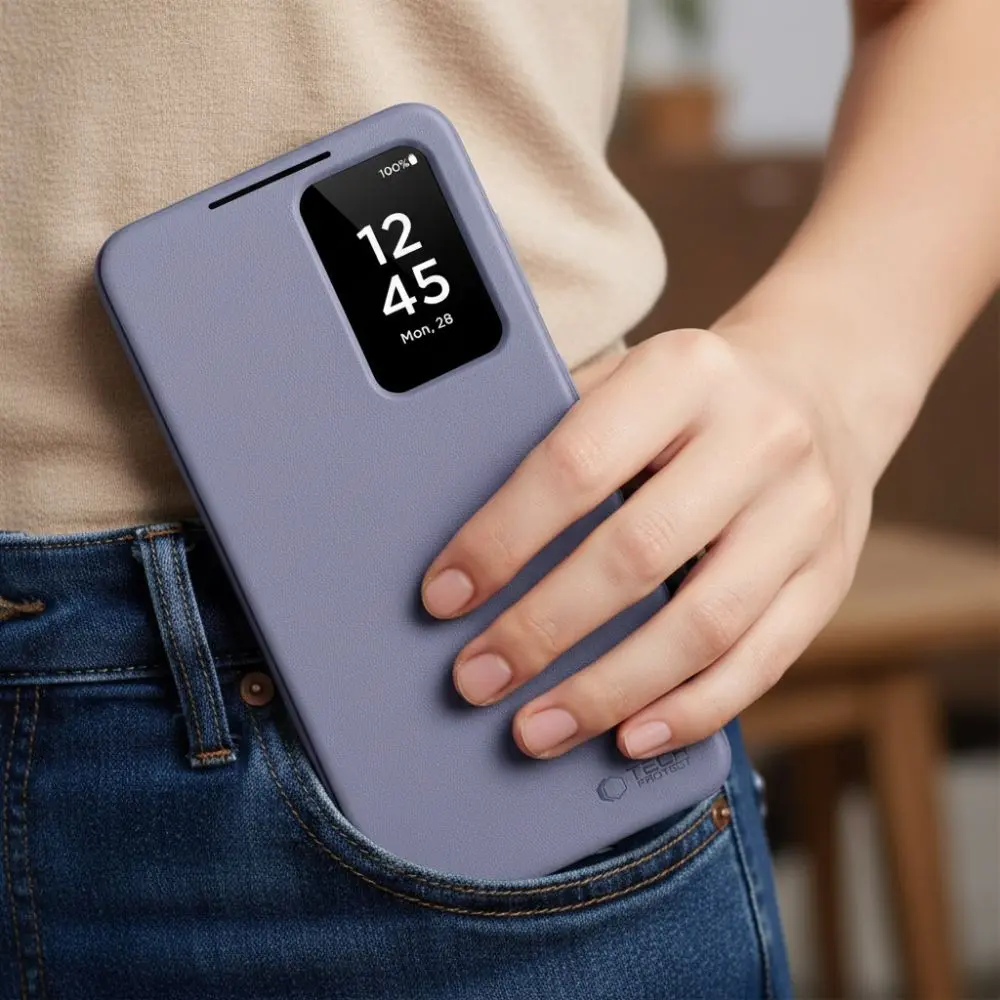 Galaxy S26 Ultra - Étui Fenêtre TECH-PROTECT Smart Wallet noire mauve dans poche de Jean