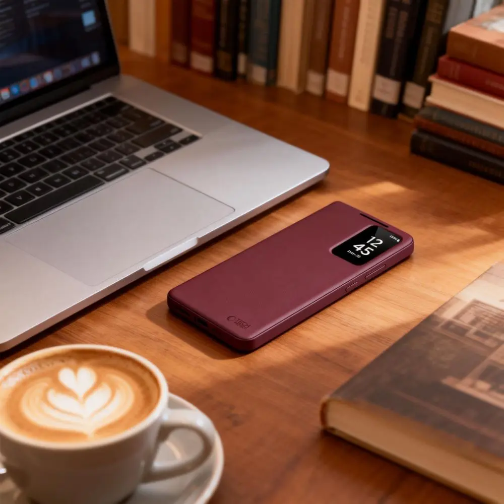 Galaxy S26 Ultra - Étui Fenêtre TECH-PROTECT Smart Wallet bordeaux posé sur un bureau