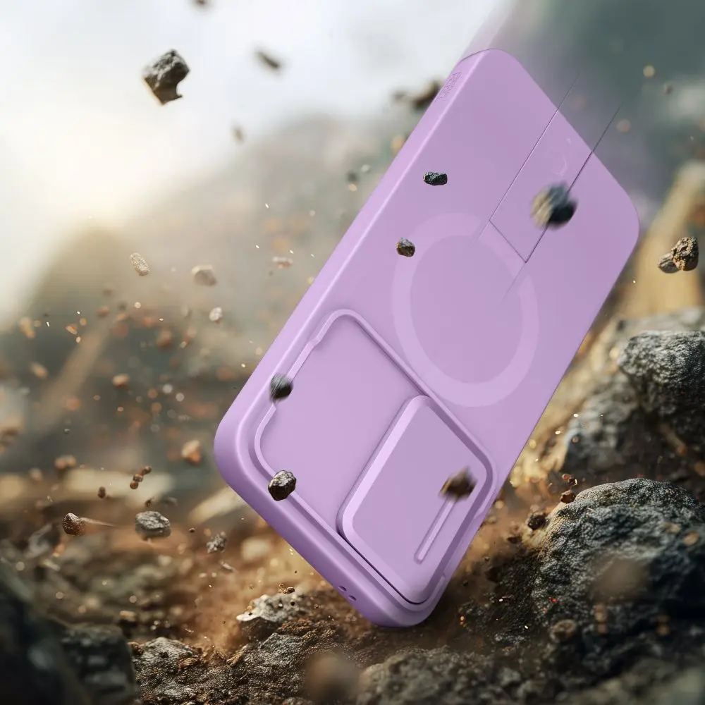Test de chute extrême de la coque TECH-PROTECT Kevlar Aura mauve pour Galaxy A57 5G sur rochers