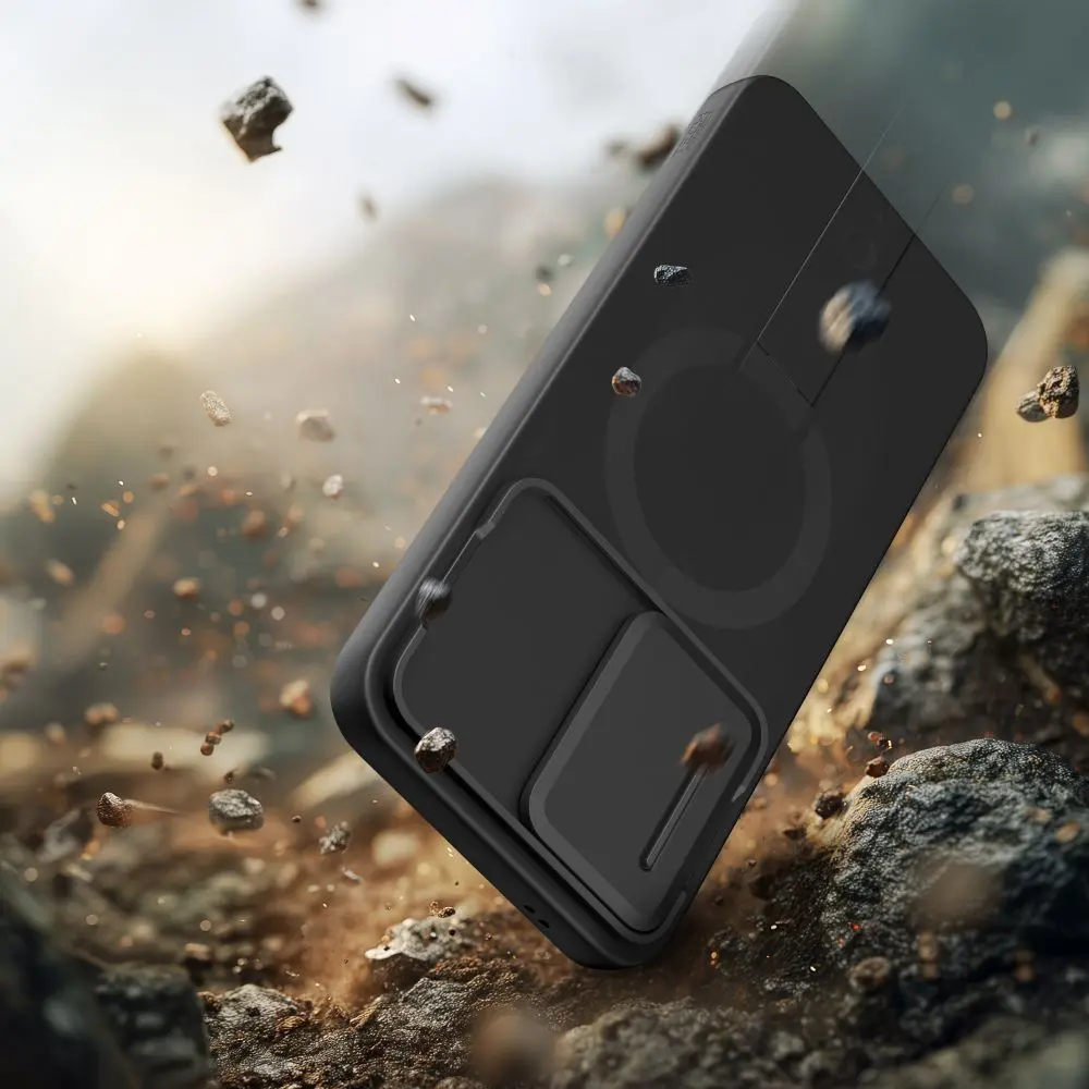 Test de chute extrême de la coque TECH-PROTECT Kevlar Aura noire pour Galaxy A57 5G sur rochers