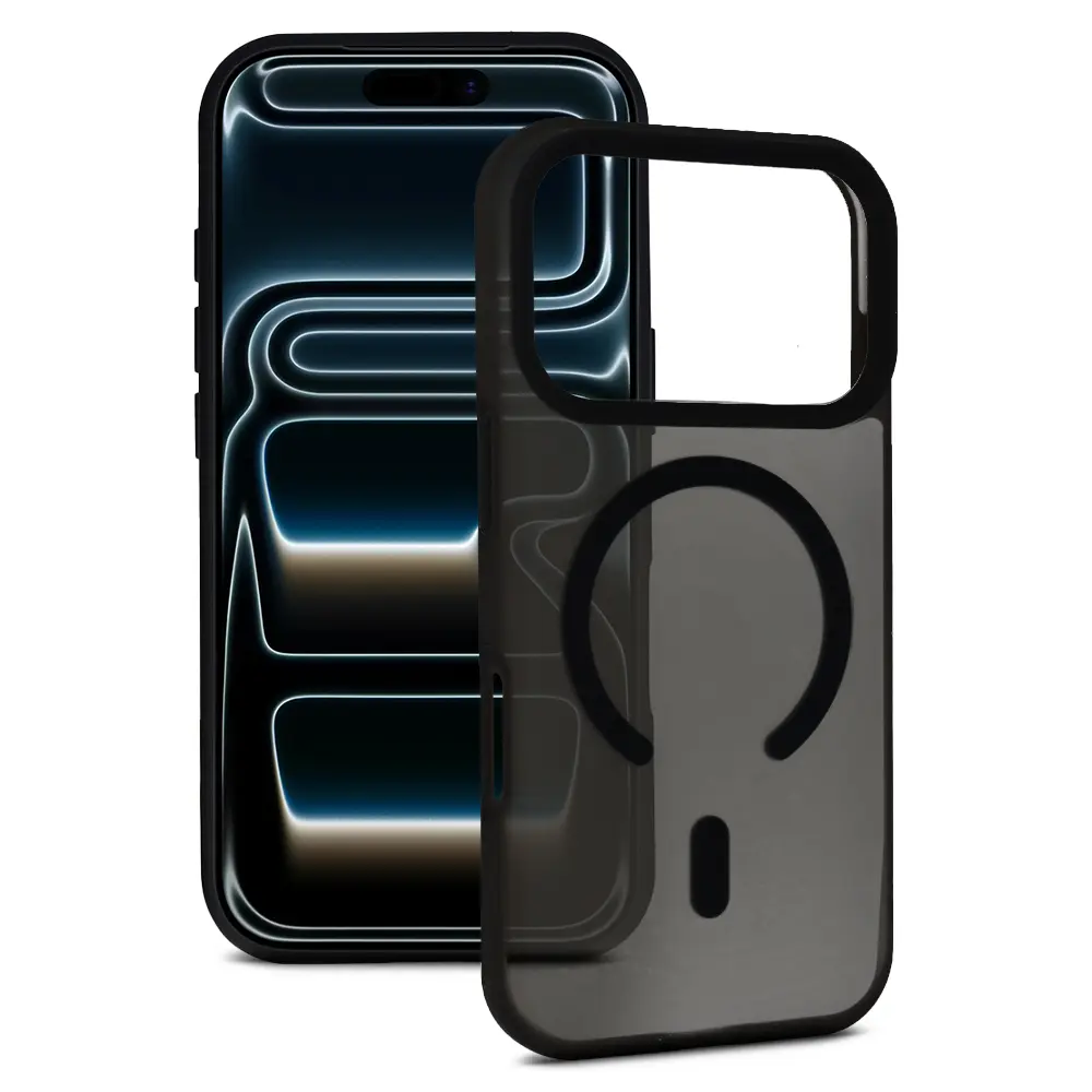 Coque iPhone 17 Pro Max Tel Protect Aura Mate coloris Noir avec anneau magnétique MagSafe et dos translucide givré.