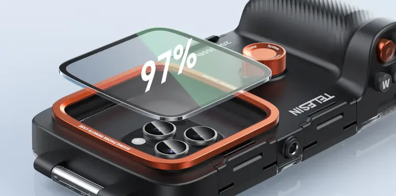 Lentille optique premium du caisson de plongée TELESIN P4 offrant une transparence de 97%