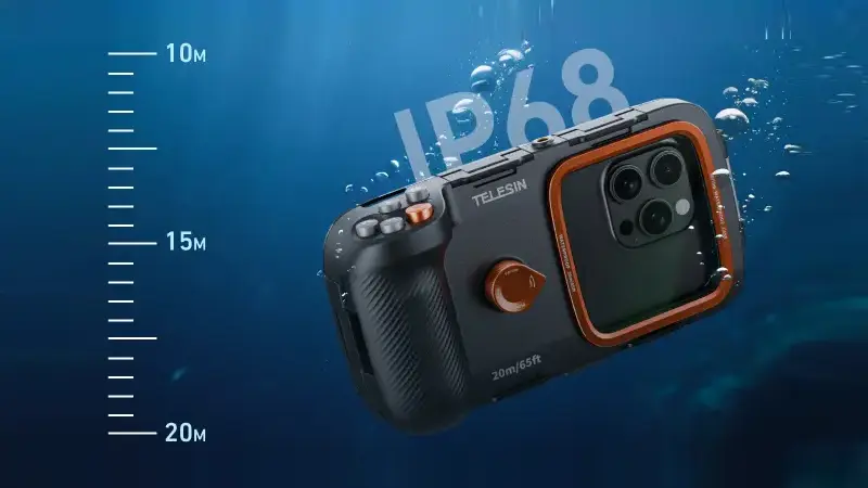 Caisson étanche TELESIN P4 certifié IP68 immergé dans l'eau jusqu'à 20 mètres de profondeur