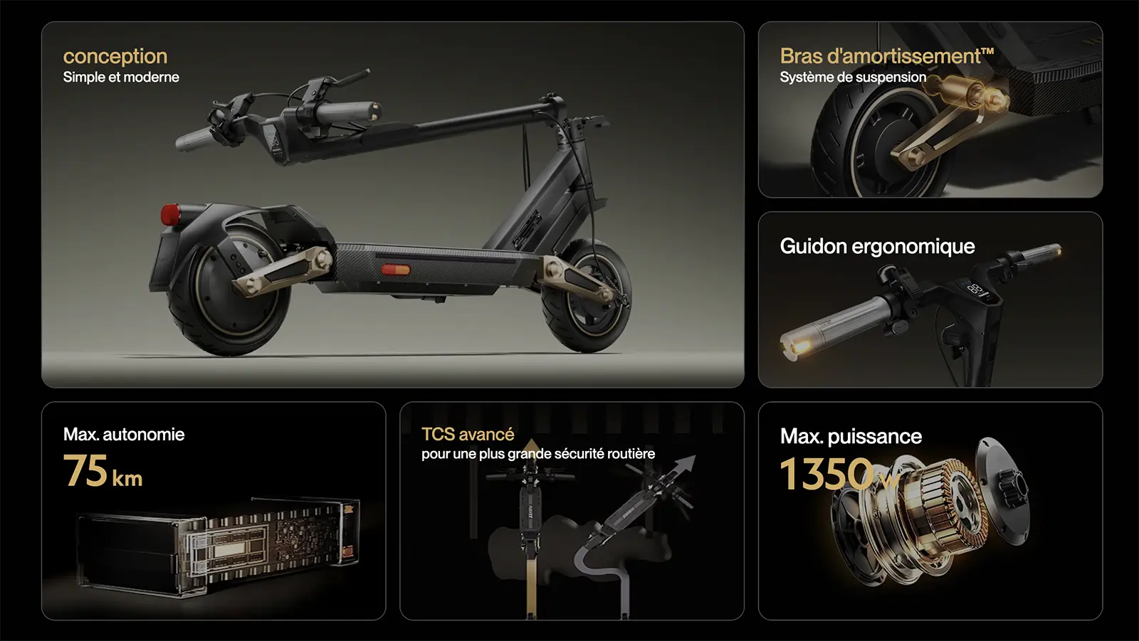 Trottinette electrique NAVEE ST3 Pro repliee presentant ses caracteristiques clés : bras d'amortissement suspension, guidon ergonomique, autonomie 75km, controle traction TCS et moteur puissance 1350W