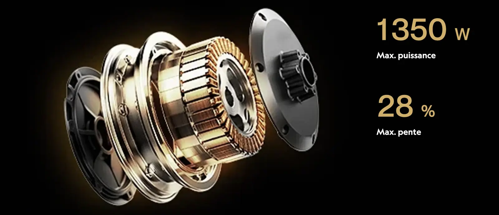 Moteur puissant de 1350W en position arriere de la trottinette electrique NAVEE ST3 Pro permettant de franchir des pentes jusqu'a 28% de declivite