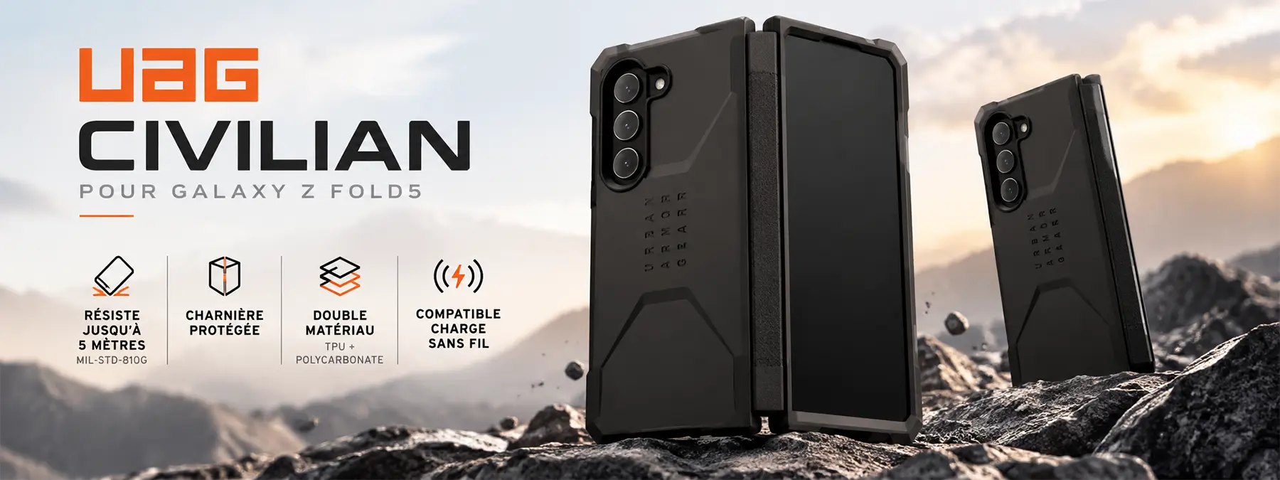 UAG Civilian pour Samsung Galaxy Z Fold5 - coque antichoc noire avec protection de charnière