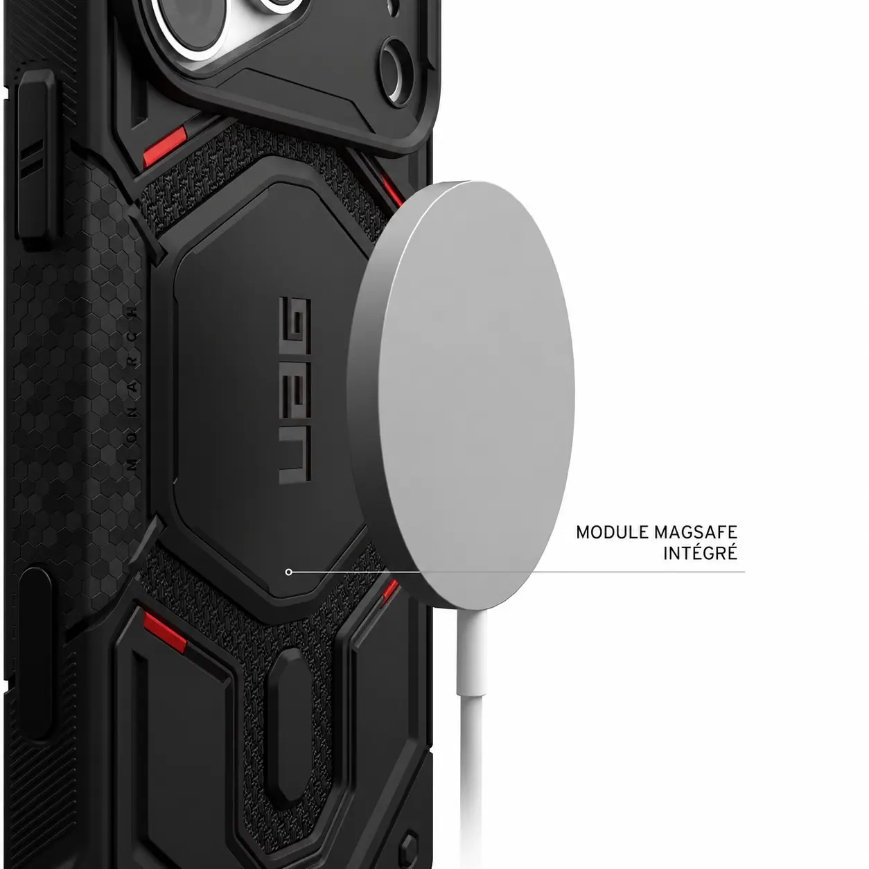 Vue détaillée du module MagSafe intégré à la coque UAG Monarch Pro Kevlar