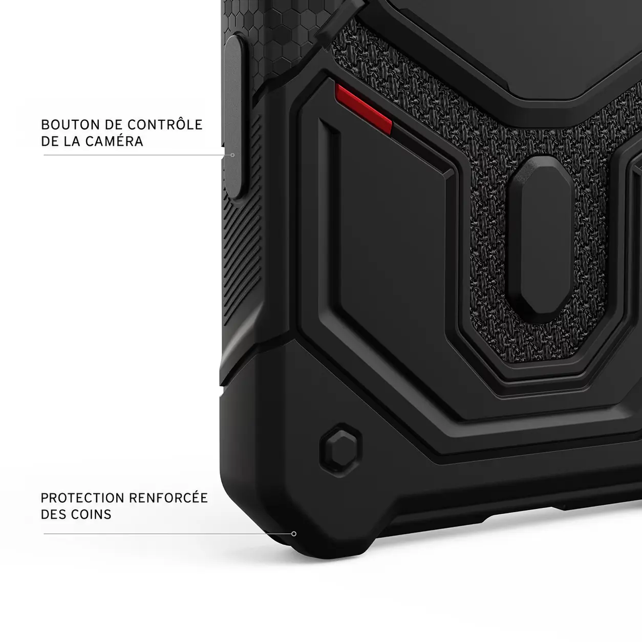 Bouton de contrôle caméra et coins renforcés de la coque