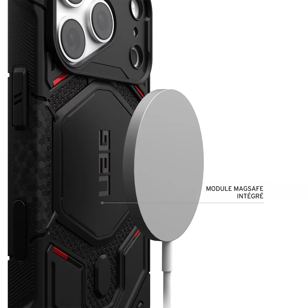 Vue détaillée du module MagSafe intégré à la coque UAG Monarch Pro Kevlar