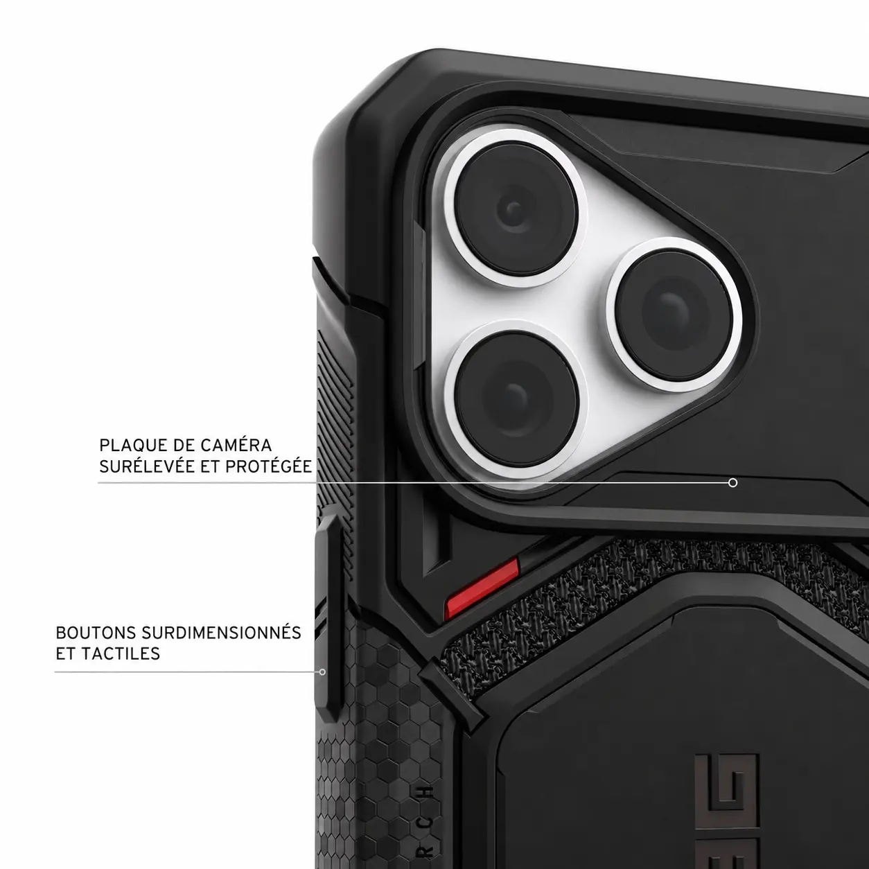 Protection surélevée du bloc caméra et boutons latéraux tactiles