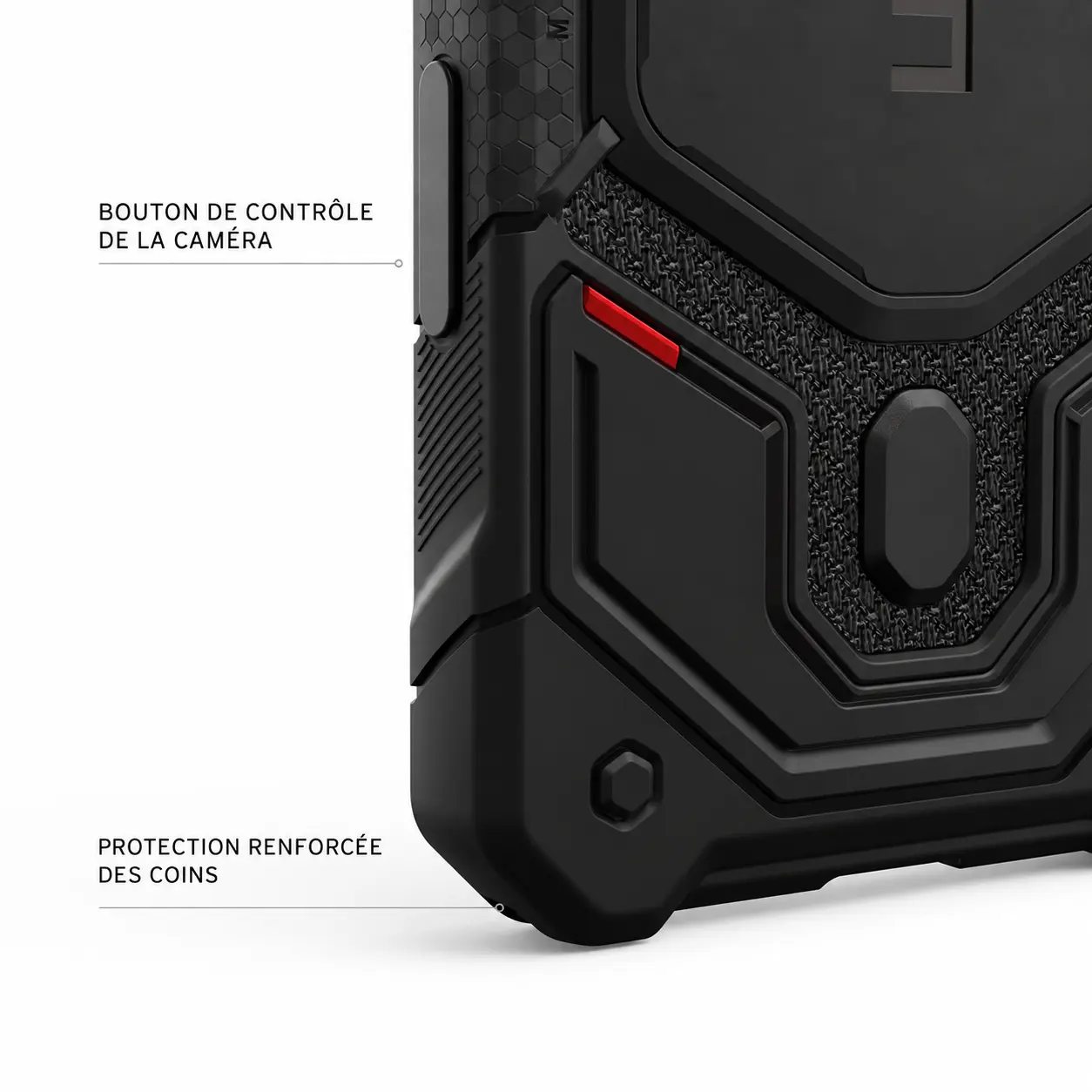 Bouton de contrôle caméra et coins renforcés de la coque