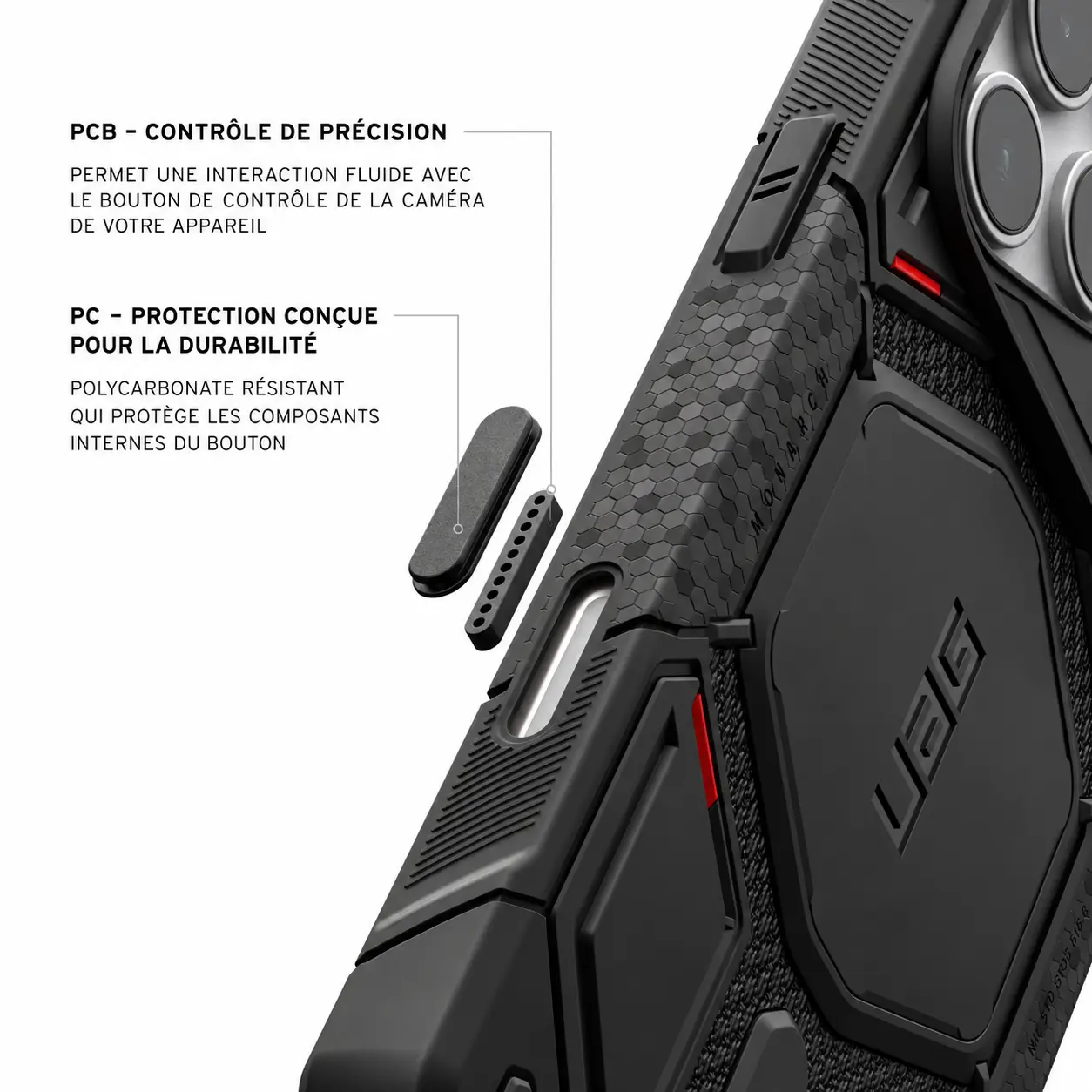 Détail du PCB et de la protection polycarbonate du bouton de contrôle caméra