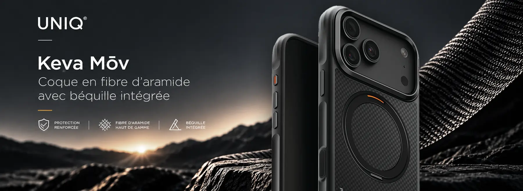 Coque UNIQ Keva Mōv en fibre d’aramide avec béquille intégrée pour iPhone 18 Pro / iPhone 17 Pro