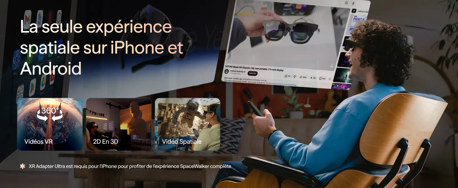 VITURE Pro 2 XR – expérience spatiale, vidéo VR, 2D en 3D et vidéo spatiale sur iPhone et Android