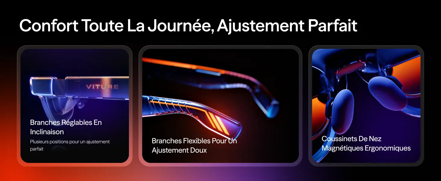 Confort VITURE Luma Pro XR : branches réglables, flexibles et coussinets magnétiques ergonomiques