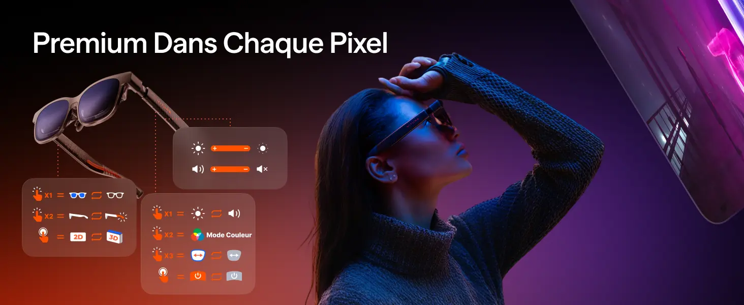 Commandes des lunettes XR VITURE Luma Pro : luminosité, couleur, mode 2D/3D, contrôle audio