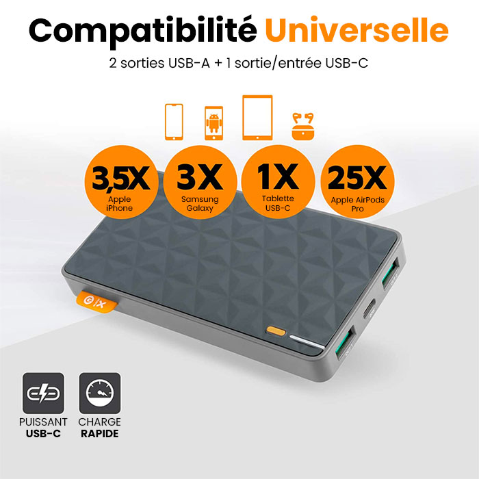 Batterie Externe XTORM Fuel Séries 20W - 10 000 mAh | 1 Port USB-C Power Delivery 20W | 2 Ports USB-A