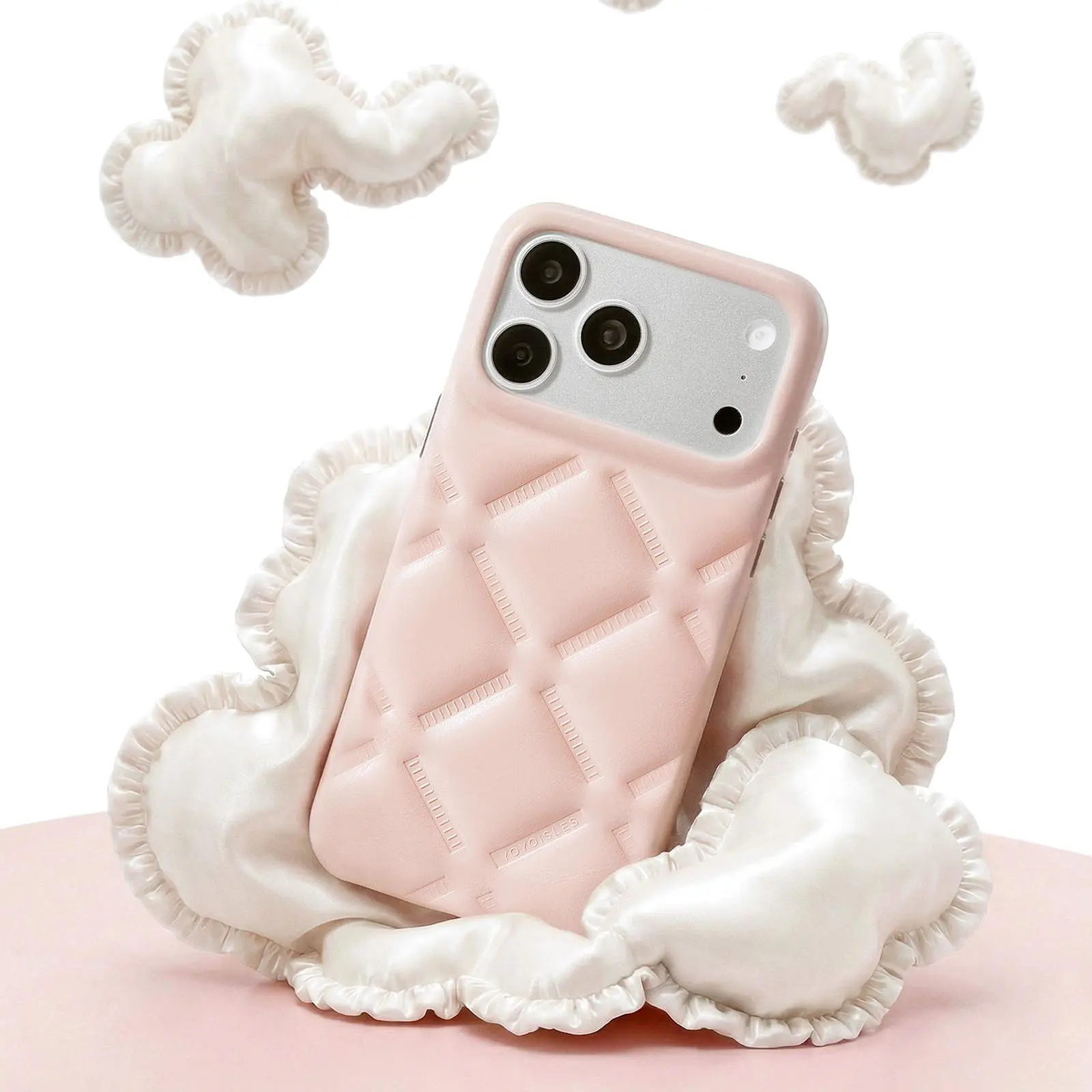 Vue rapprochée de la coque matelassée rose YOYOISLES