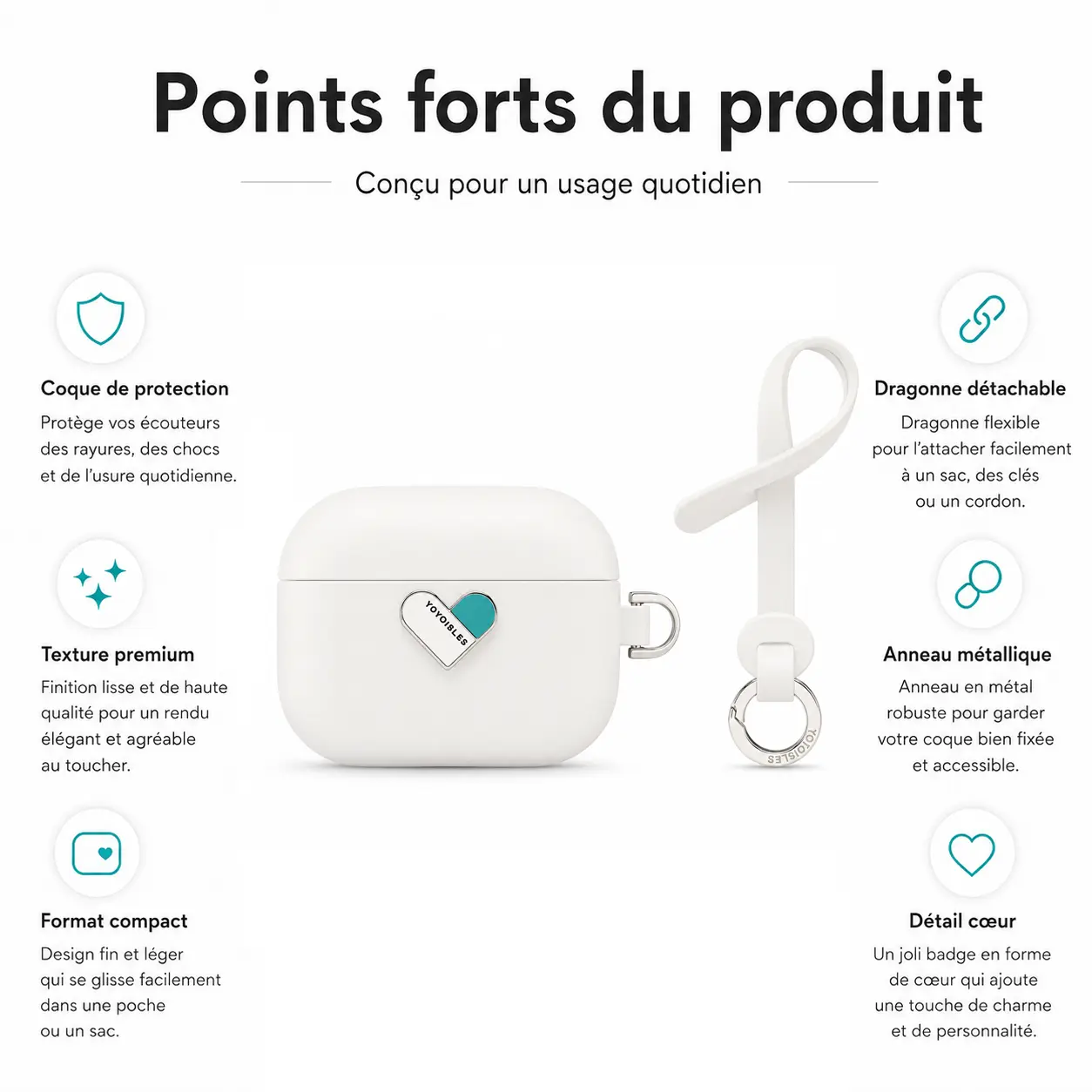 Points forts du produit coque YOYOISLES Heart Island pour AirPods Pro 3 protection texture premium et accessoires