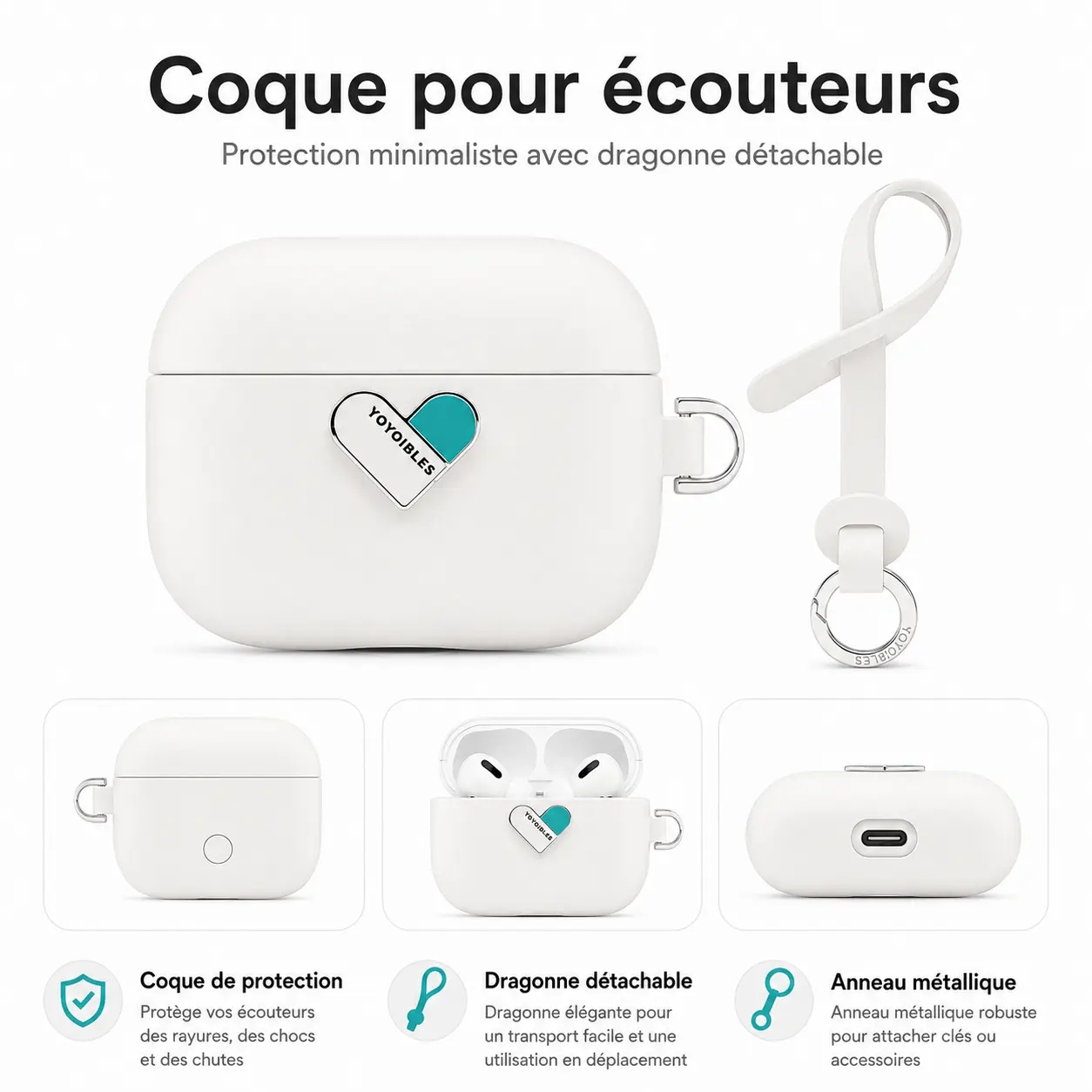 Coque pour écouteurs AirPods Pro 3 protection minimaliste avec dragonne détachable et anneau métallique